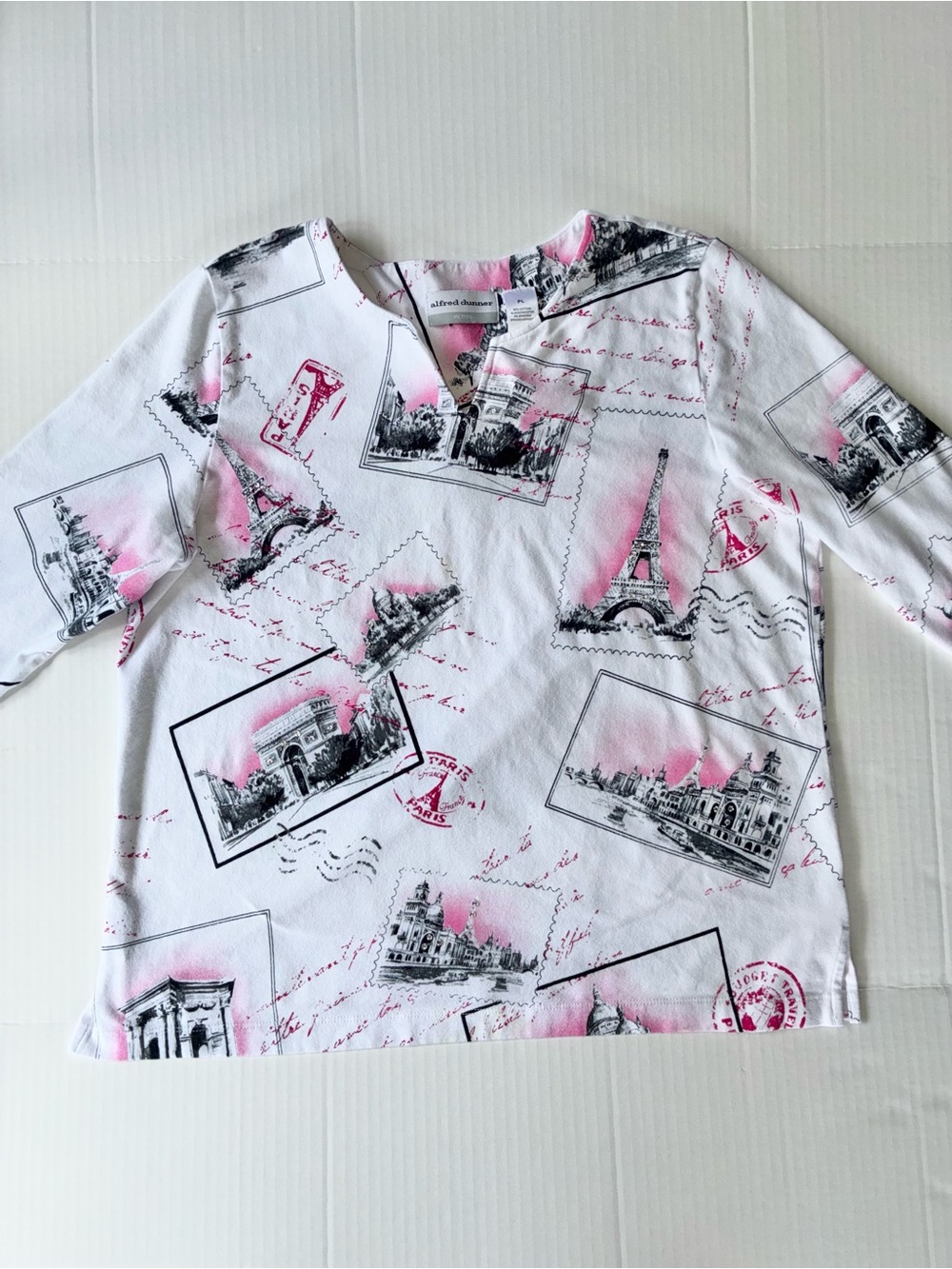 Alfred Dunner Women’s 3/4 Sleeve Paris Themed Top Size Petite Large